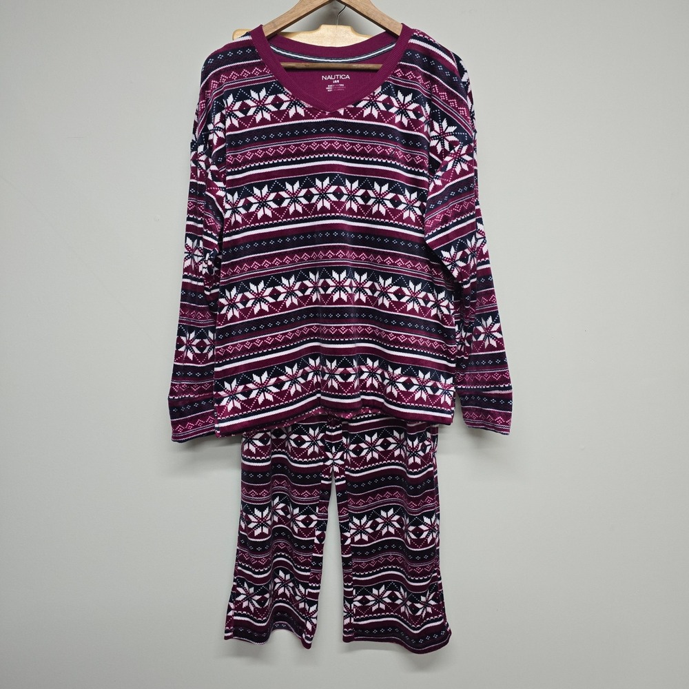 Nautica Pajama Set Women L Burgundy Fair Isle Polyester Fleece Lounge Holiday